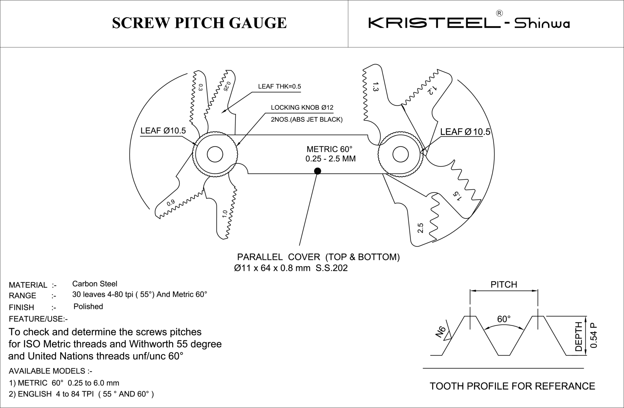 Screw Pitch Gauge (52 Leaves) Screw Pitch Gauge