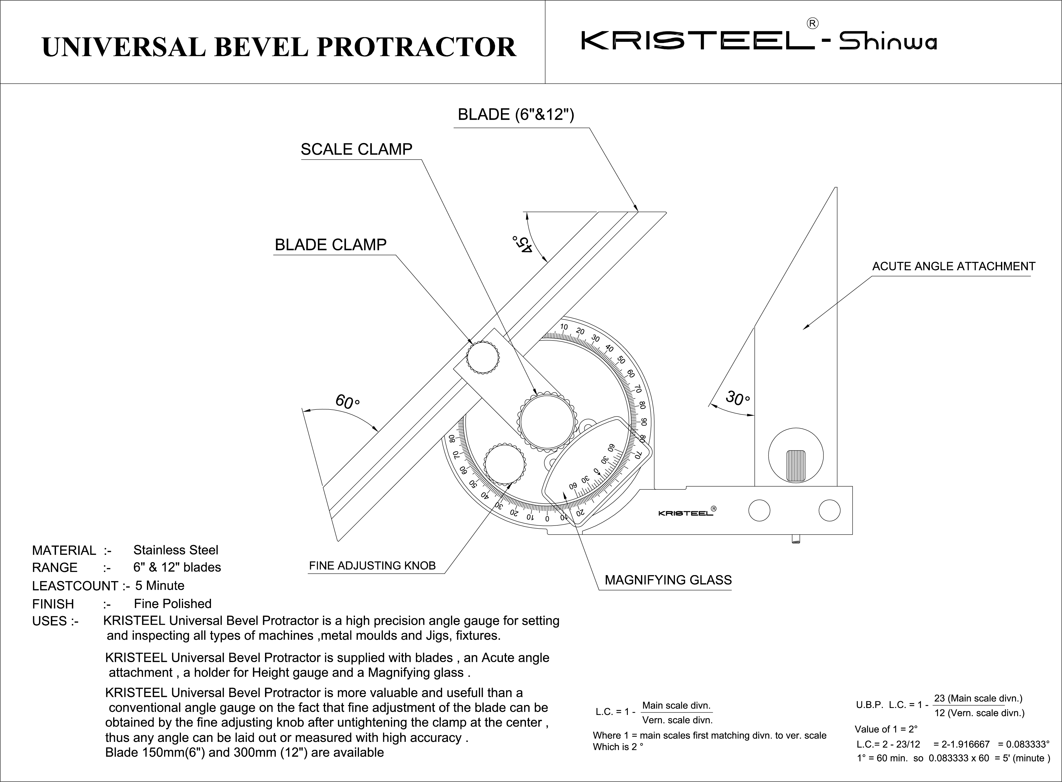 Universal Bevel Protractor Measuring Instruments Kristeel